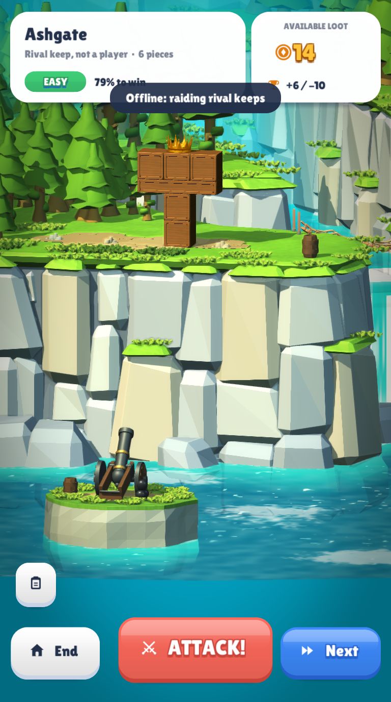 An attack: a rival wooden keep on a cliff across the water from your cannon, showing loot and a 79% chance to win