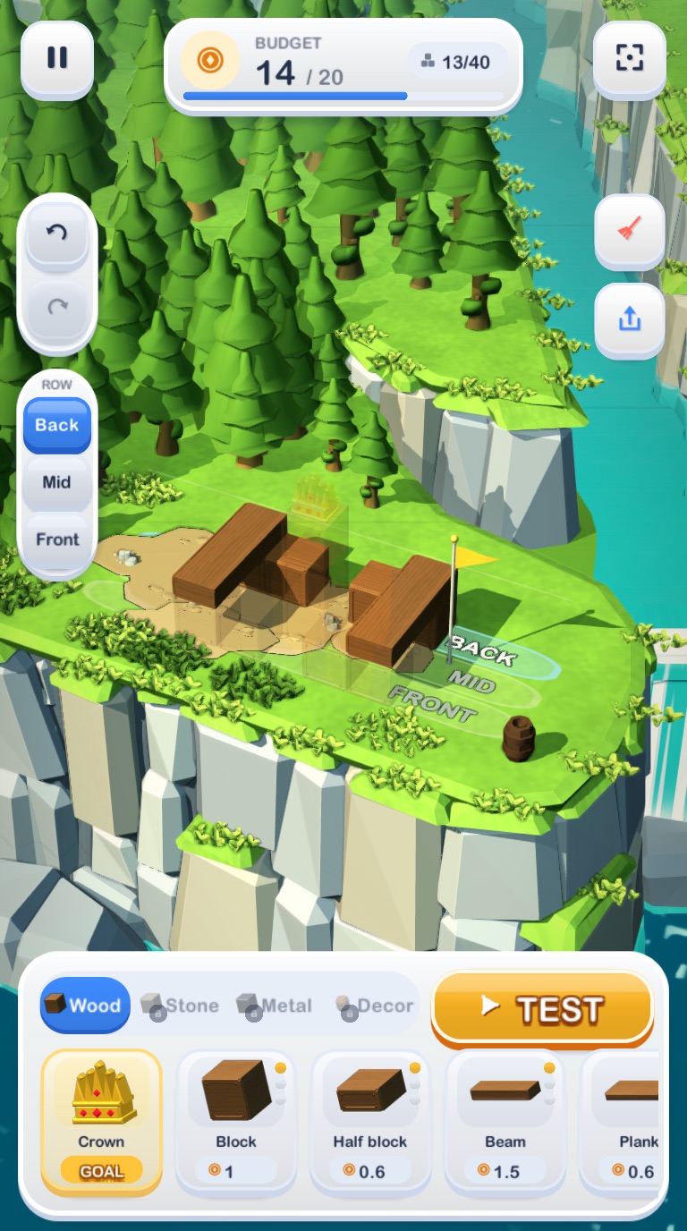 The castle builder: a wooden base on a grassy cliff, with block, beam and crown cards in the build dock