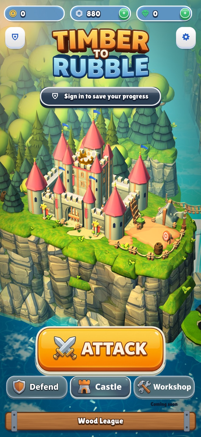 The home screen: a fairytale castle with pink towers on a floating island, under the Timber to Rubble logo
